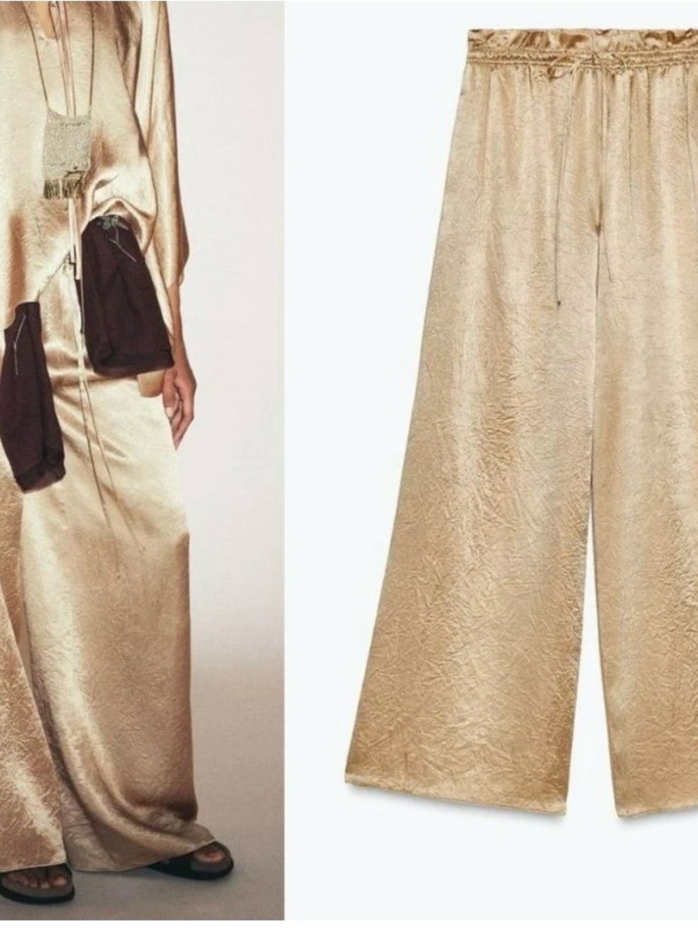ZARA ZW COLLECTION GOLD SATIN WIDE LEG PANTS M
